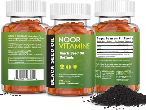 Noor Vitamins Halal Black Seed Oil Capsules, Halal Vitamins, 1000 mg Black Seed Oil from Nigella Sativa, Thymoquinone, Non-GMO, Gluten Free, 60 Co...
