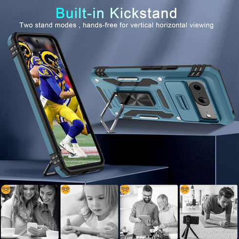 DEERLAMN for Google Pixel 8 Case with Slide Camera Cover+Screen Protector (1 Pack), Rotated Ring Kickstand Military Grade Shockproof Heavy Duty Pr...