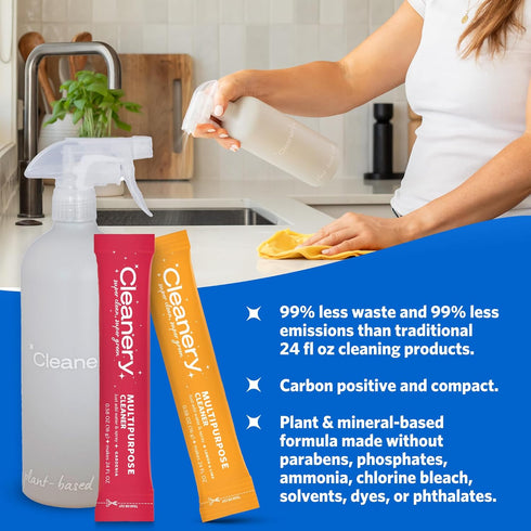 All-Purpose Cleaner Refill Powder Concentrate 4pk & Reusable Plant-Based Bottle (24oz) for Household, Kitchens, Bathrooms, Tiles, Stone, Cruelty F...