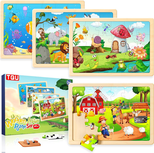 Wooden Puzzles Toys for Kids Ages 4-6 3-5, Set of 4 Packs with 24-Piece, Farm, Zoo, Insects, Sea Animals Wood Jigsaw Puzzles, Preschool Educationa...