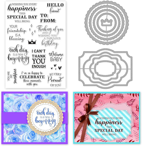 Word Clear Stamps for Card Making Label Rectangle Die Cut Round Frame Metal Cutting Die Inspirational Quote Silicone Stamp for DIY Scrapbooking Ar...