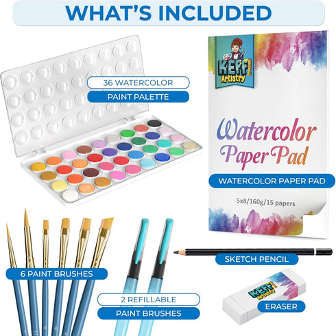 KEFF Watercolor Paint Set for Kids - 36 Water Colors Art Supplies Painting Kit with Brushes, Refillable Brush Color Pens, Paper Pad, Pencil and Er...