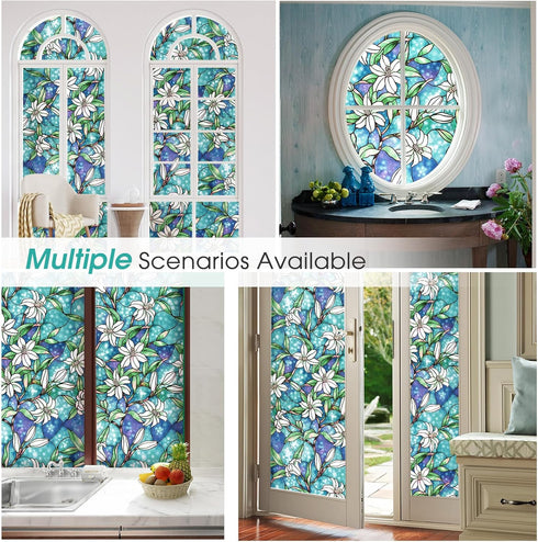 Coavas Decorative Window Privacy Film, Heat Control Sun Blocking Stained Glass Window Film, Floral Design Static Cling, Non Adhesive Windows Tint ...