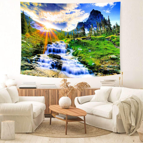 Delur Mountain Waterfall Tapestry Sunset Forest Tapestry Tree Nature Landscape Tapestry Rainforest Scenery Tropical Tapestry Psychedelic Wall Hang...