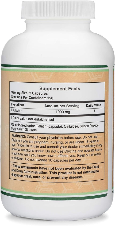 Glycine Supplement - 1,000mg Glycine Powder per Serving (300 Capsules) The Relaxing Amino Acid (Glicina) (Third Party Tested, Gluten Free, Non-GMO...