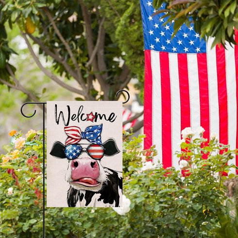 Welcome 4th of July Patriotic Cow Small Decorative Garden Flag, Stars Stripes America USA Memorial Day Farmhouse Yard Outside Decor, American Summ...