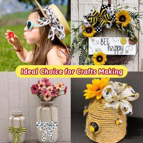 KIMOBER 4 Rolls Bumble Bee Ribbon, Yellow Honeybee Wired Edge Burlap Ribbon for Wreaths,Gift Wrapping,Spring Summer Party Decoration(2.5in × 6.5Ya...