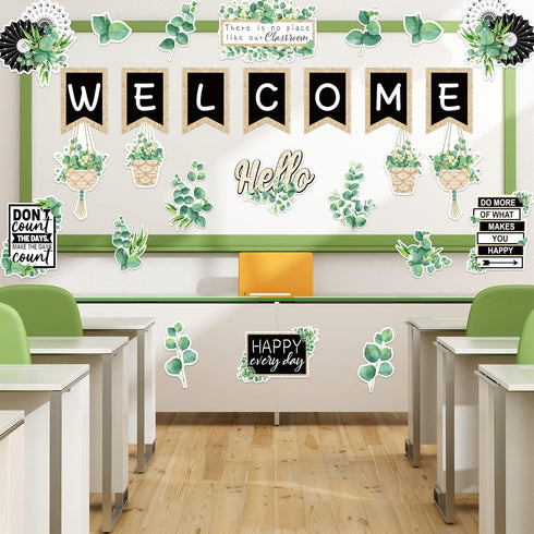 Whaline 29 Pieces Eucalyptus Bulletin Board Set Welcome Banner Simply Boho Bulletin Board Decor Boho Greenery Calendar Cutout Decorations for Back...