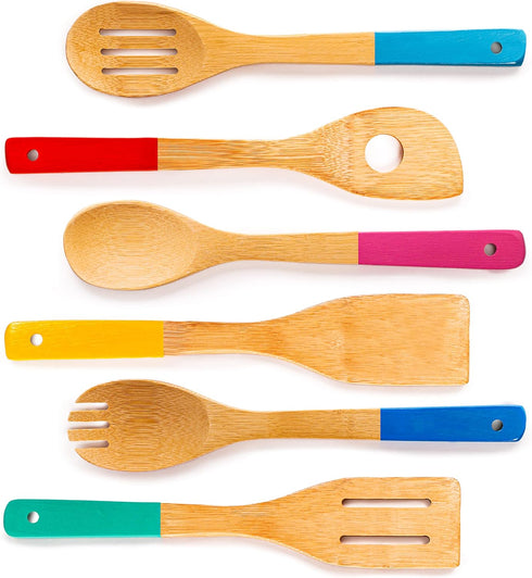 BergHOFF Bamboo 6Pc Utensil Set, Slotted & Plain Spatula, Slotted Spoon, Serving Spoon, Spaghetti Spoon, Salad Spoons 12" Multi-colors with Hangin...