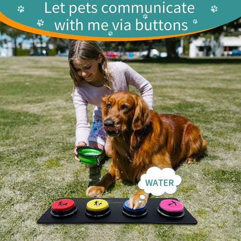 4 Recordable Buttons with Rubber Mat and 25 Stickers - Record and Playback Any Custom Message to Teach Your Dog Voice What They Want...