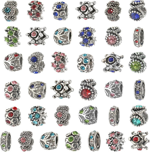 TOAOB 30pcs Assorted Antique Silver Rhinestone European Lampwork Charms Beads Large Hole Spacer Beads Charms Supplies for Bracelet Necklace Jewelr...