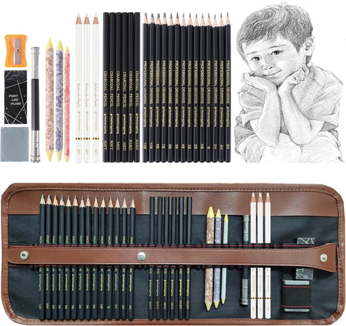 31 Drawing Sketching Pencils Kit, Portable Artist Supples Travel Case Set has Graphite, Charcoal, white color pencil, Blending Stump, gift for Adu...