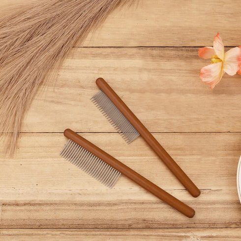 2pcs Grooming Comb for Pets, Solid Wood Cat Combs with Wide & Narrow Rounded-Tip Steel Teeth Pet Hair Comb Metal Flea Lice Comb for Cats Dogs Smal...