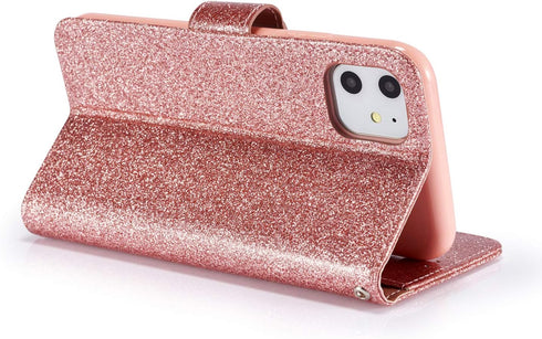 QLTYPRI for iPhone 11 Case Wallet Case Bling Shiny Glitter Flip Folio Case Full-Body Protective Cover Card Slots Magnetic Closure Kickstand Wrist ...