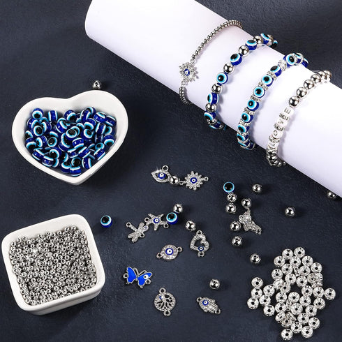 920 Pieces Evil Eye Charms Kits includes 20 Rhinestone Charms 100 Evil Eye Beads 100 Rondelle Spacer Bead 500 4mm and 200 8mm Round Beaded for DIY...