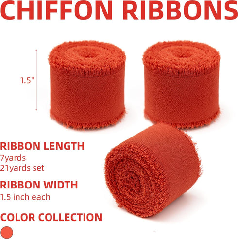 3 Rolls Rust Red Handmade Chiffon Ribbon,1.5" x 21Yd Frayed Fringe Silk Ribbons (3 Rolls *7Yd) for Gifts Wrapping, Wedding Invitations, Bridal Bou...