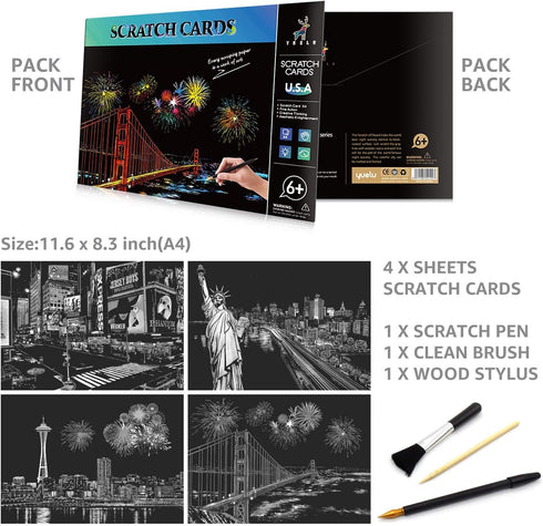 MIASTAR Scratch & Sketch Art for Teens & Adults, Rainbow Painting Night View Scratchboard(A4), Art & Craft, 4 Sheets Scratch Cards & Drawing Pen, ...