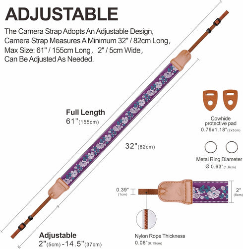 Padwa Lifestyle Purple Flowers Embroidered Camera Strap - Double Layer Cowhide Ends,2" Cotton Vintage Camera Straps, Adjustable Neck & Shoulder St...