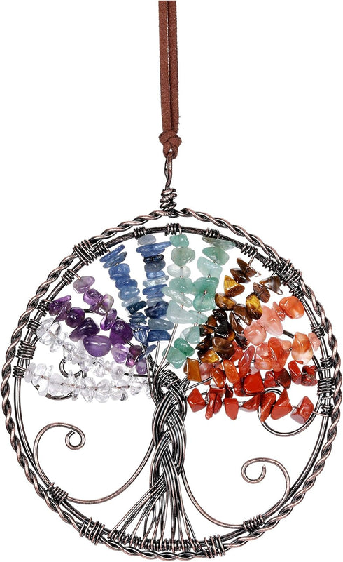 GEHECRST Natural 7 Chakra Healing Crystals Life Tree Hanging Ornament Reiki Gemstone Chips Copper Wires Wrapped Handmade Hanging Decor for Wall, W...
