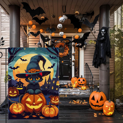 Halloween Cat Garden Flag, 12x18 Inch Double Sided Burlap, Halloween Scary Pumpkin Garden Flag, Holiday Outdoor House Decoration?Lawn Flag Yard Fl...