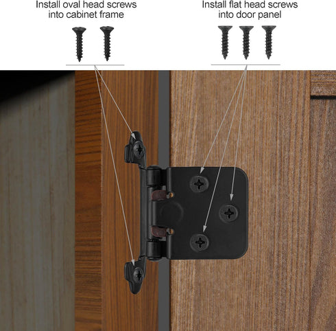 4 Pack (2 Pair) Matte Black Self Closing Cabinet Hinges for Flush Mount Kitchen Cabinet Door, 1/2" Overlay (Variable) Face Frame Semi Concealed Ki...