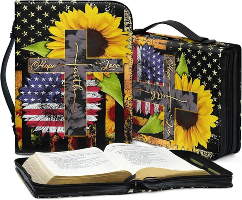Bengbobar US Flag Bible Covers for Women Men Cross Bible Carrying Case Waterproof Faux Leather Bible Protective with Handle and Zippered Journal C...