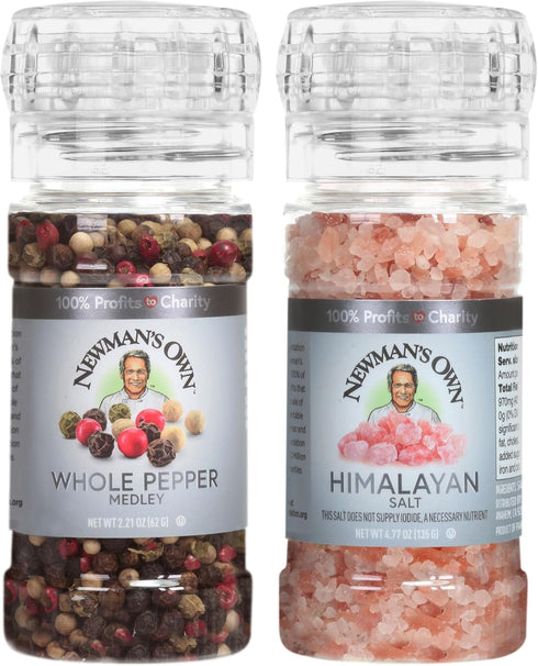 Newman's Own Spices, Salt and Pepper Grinder Set (Himalayan Salt & Whole Pepper Medley Grinders), 2 Count - Kosher...