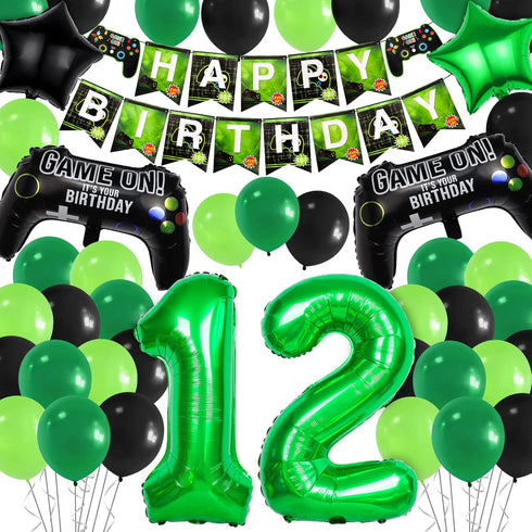 12th Video Game Birthday Party Set Include Happy Birthday Banner Video Game Balloons Controller Balloons Green Black Stars Aluminum Foil Balloons ...