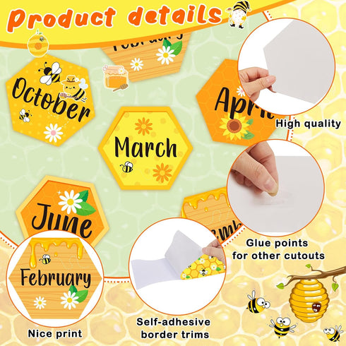 63 Pcs Bee Themed Birthday Bulletin Board Sets Paper Cutouts with Glue Point Bee Birthday Classroom Bulletin Board Display Bee Theme Birthday Char...