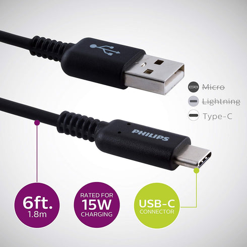 PHILIPS USB-C to USB-A Charging Cable, 6 Ft Cord, USB-If Certified, 15W, for iPad Pro, MacBook Pro, Samsung Galaxy S21/S10/S9/Plus, Google Pixel 5...