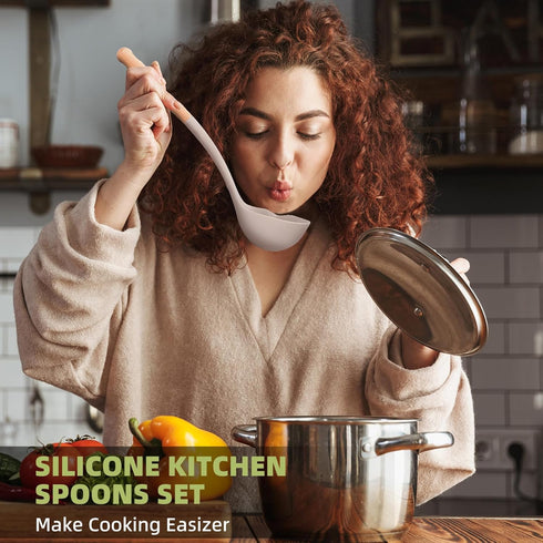 Silicone Spaghetti Spoon, Large Soup Ladle Spoon, Nonstick Pasta Server Set, Heat Resistant Pasta Fork, Kitchen Cooking Utensils with Wooden Handl...