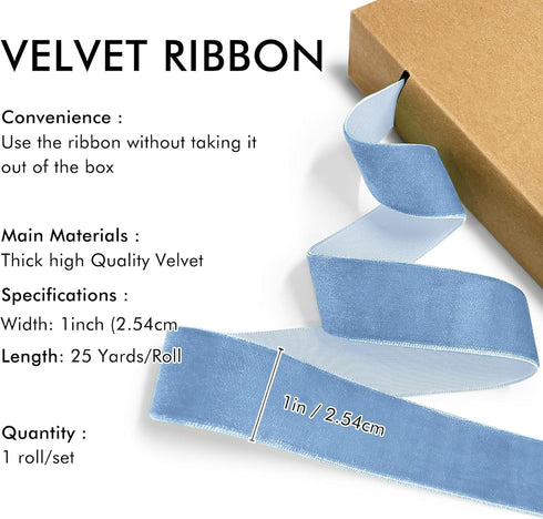 Blue Velvet Ribbon 1'' 25 Yards for Christmas Tree, Gift Wrapping, Flower Bouquet, Wreath Decorations, Bow Making...