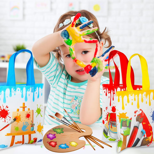 24 Pack Paint Party Favor Bags Non Woven Art Party Gift Bags Kids Art Paint Treat Goodie Bags Paintbrush Splatter Tote Bags for Paint Theme Birthd...
