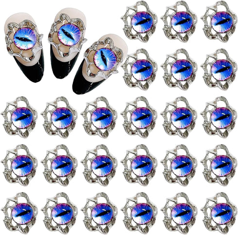 Devil Eye Nail Charms for Acrylic Nails,24PCS 3D Alloy Silver Nail Art Rhinestones Purple Eye Decoration, Nail Crystal Diamonds Y2K Nail Jewels Ac...