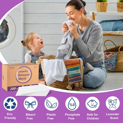 Laundry Detergent Sheets, 200 Loads Lavender Laundry Soap Strips - No Plastic Jug Travel Portable Liquidless Washing Supplies Eco-Friendly Hypoall...
