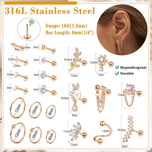 FIBO STEEL Cartilage Earring Conch Piercing Jewelry Helix Earrings Tragus Earrings for Women 16G 20G 316 Surgical Stainless Steel Opal CZ Labret J...
