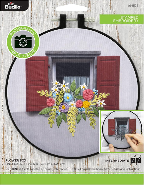 Bucilla Photographic 6" Stamped Embroidery Kit, Flower Box, Includes 4-Color Printed Fabric, 6" Hoop, Embroidery Floss, Needle, and Instructions, ...