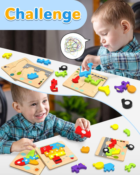 Wooden Vehicle Toddler Puzzles for 1 2 3 Years Old Boys Girls, Baby STEM Educational Toy Gift with 4 Vehicles Montessori Learning Puzzles...