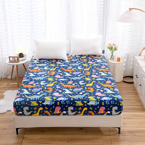 Bedding Fitted Sheet with Deep Pocket for Boys Girls Twin Bed,Dino Printed Thicken Fabric Bed Sheets (Navy Blue(Dinosaur), Twin)...