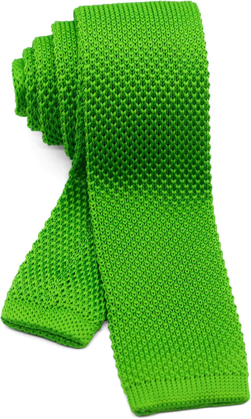 Men's Knit Tie Slim Skinny Square Necktie Width 2.2 inches Washable Solid Color Lime Yellow Green...