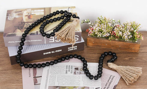 58in Wood Bead Garland with Tassels, Farmhouse Rustic Country Decor Prayer Boho Wall Hanging Decoration (Black)...