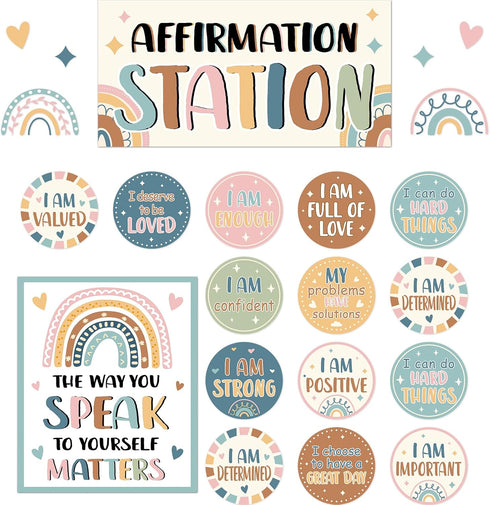 32 PCS BOHO Affirmation Station Bulletin Board Set Positive Posters for Classroom Growth Mindset Decorations Inspirational Motivational Accent Cut...