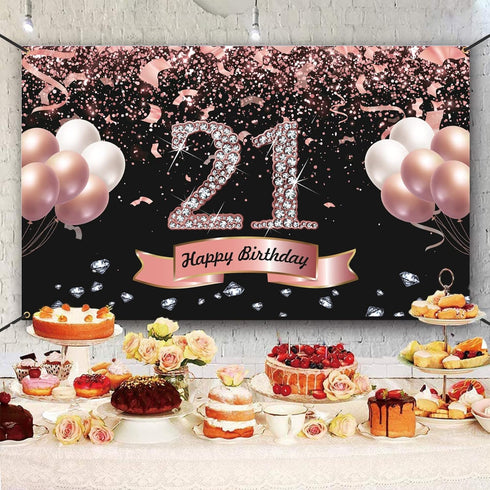 Trgowaul 21st Birthday Decorations for her - Rose Gold Birthday Backdrop 5.9 X 3.6 Fts for Women Happy 21st Banner Photography Background Party Su...