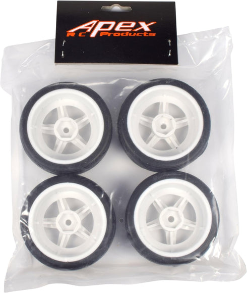 Apex RC Products 1/10 On-Road 12mm White 5 Spoke Wheels V Tread Rubber Tires (Set of 4) #5015...
