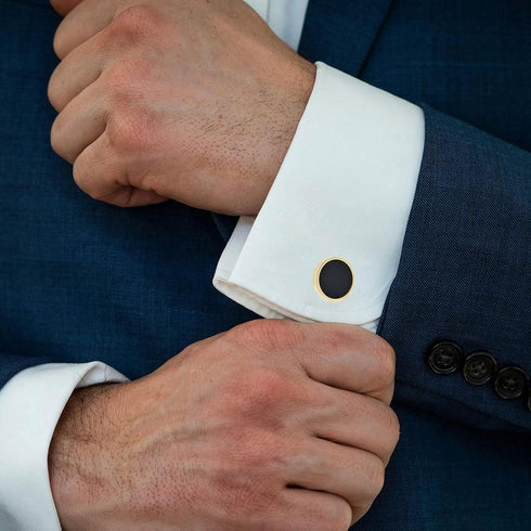 14K Gold Plated Round Mens Cufflinks with Black Agate In Gift Case Classic Round Golden Cufflinks for Men Jewelry for Wedding Party Business Birth...