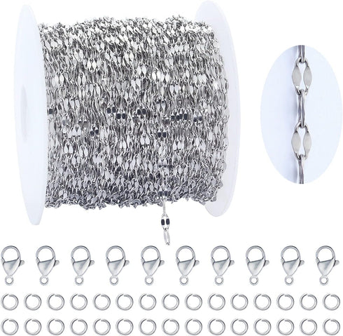 32.8 Feet Silver Stainless Steel Chain Roll Lip Link Chains 4x2mm Silver Necklace Chain with Jump Rings Lobster Clasps Choker Cable Chains for DIY...
