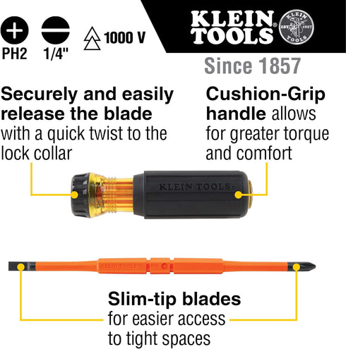 Klein Tools 32293 Insulated Screwdriver, 2-in-1 Screwdriver Set with Flip Blade, #2 Phillips and1/4-Inch Slotted Tips, Double-Ended Blades...