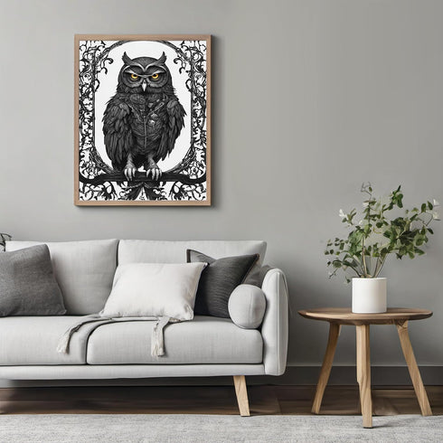 Posterizer 1 pcs- gothic ornate frame design-black and white owl art-Gothic Art-Art for Animal Lovers- Living Room Bedroom Decor- unframed wall ar...