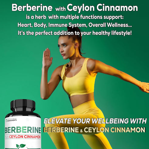 1500mg Berberine with Ceylon Cinnamon Supplement - Extra Strength for Immune System, Digestive Health, Body Management & Energy Production - 60 Ca...