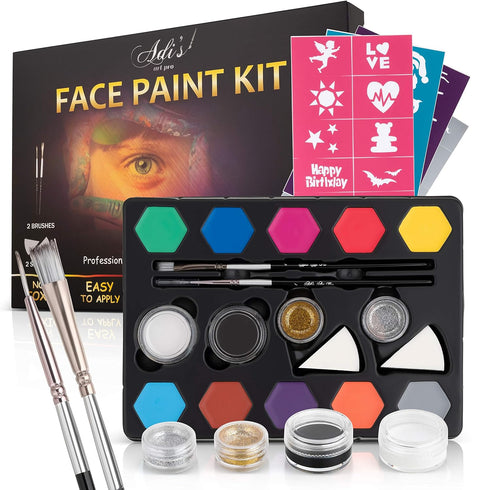 Face Painting Kit for Kids Party - 20 Water-Based Non-Toxic Sensitive Skin Paints, 3 Glitters, 2 Hair Chalks, Combs, 3 Paint Brushes, 40 Stencils,...